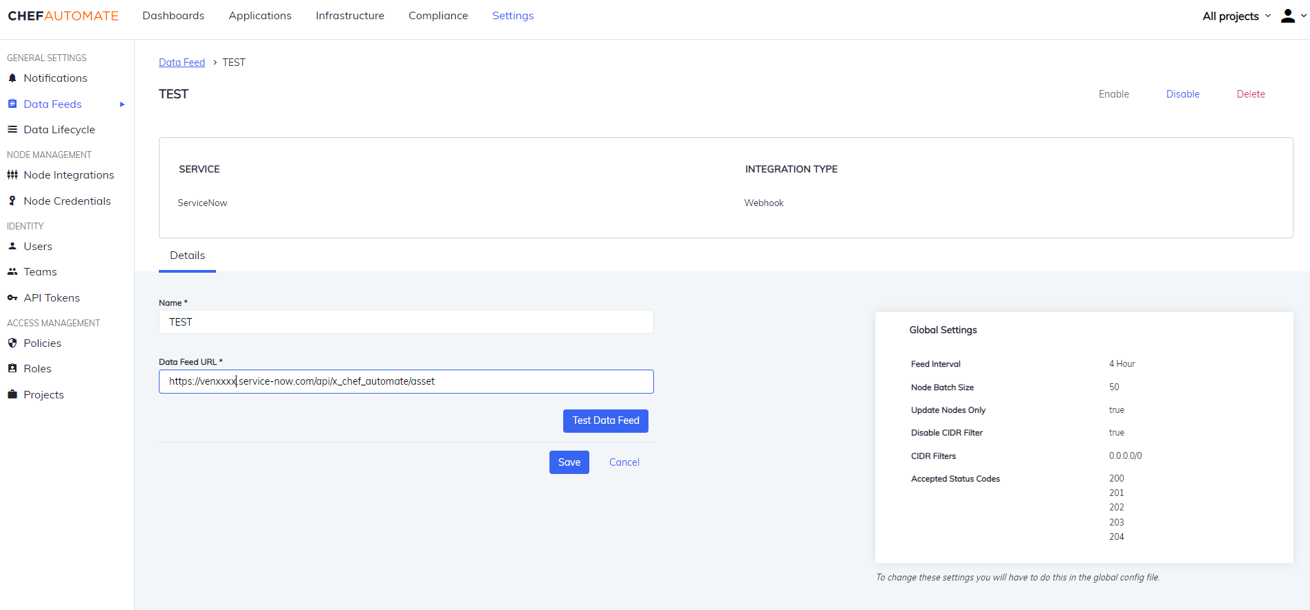 Details of Data Feed Instance using ServiceNow Integration